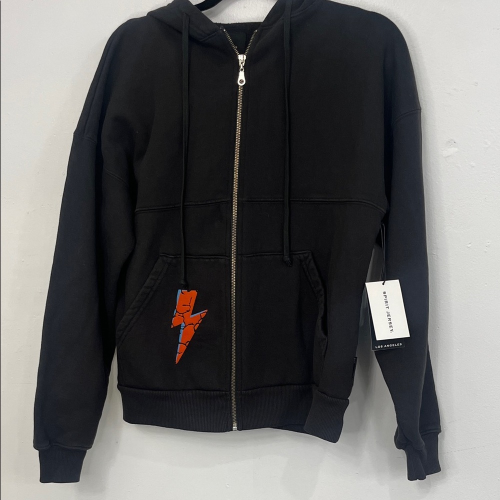 Stylish Black Zip-Up Sweater with Orange Accent